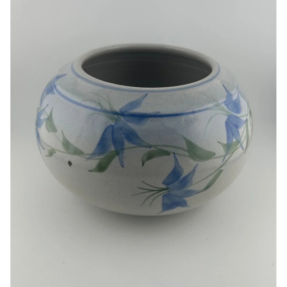 Vintage Signed KORN 94 Ceramic Vase Blue Floral Round‎ Pottery Art Decor